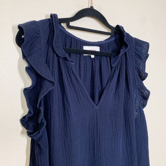 Xirena Bex Gauze Top M Navy Blue 100% Cotton V-Neck Ruffle Cap Sleeve - Picture 2 of 7